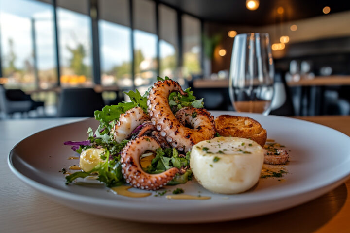 Nahaufnahme von gegrilltem Oktopus mit spanischem Salat, Chorizio, Knoblauchbrot und Manchego-Käse