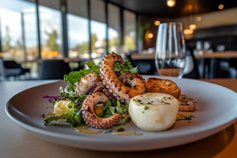Nahaufnahme von gegrilltem Oktopus mit spanischem Salat, Chorizio, Knoblauchbrot und Manchego-Käse