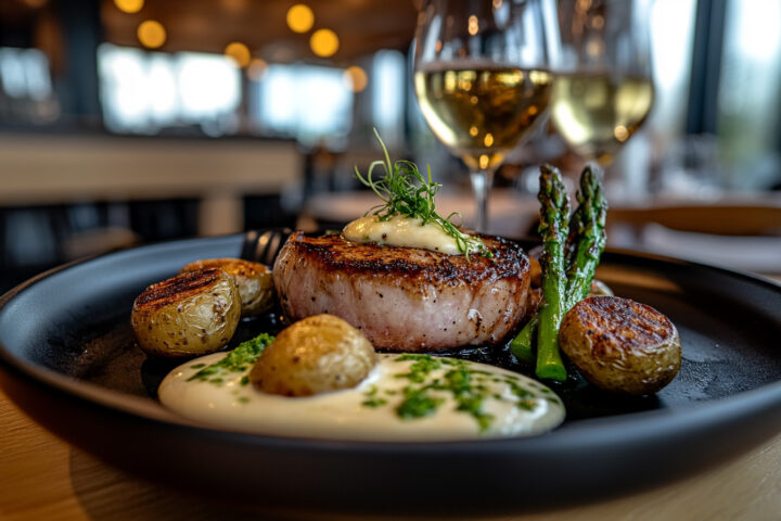 Nahaufnahme von mit Zitrusfrüchten mariniertem rosa Kalbsfilet. Grüner gebratener Spargel, grüne Hollandaise mit neuen Kartoffeln