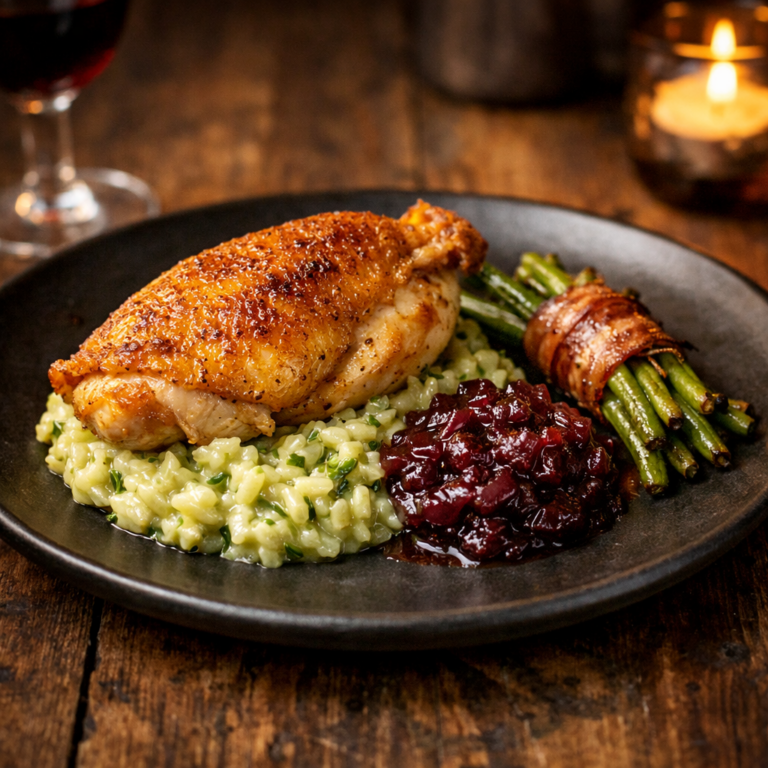 Maispoularde mit Bärlauch risotto und Speckbohnen